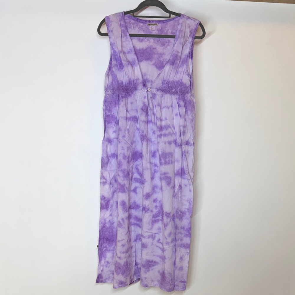 Handprint 100% Cotton Purple Tie-Dye Sleeveless Tank Dress lace detailing Large